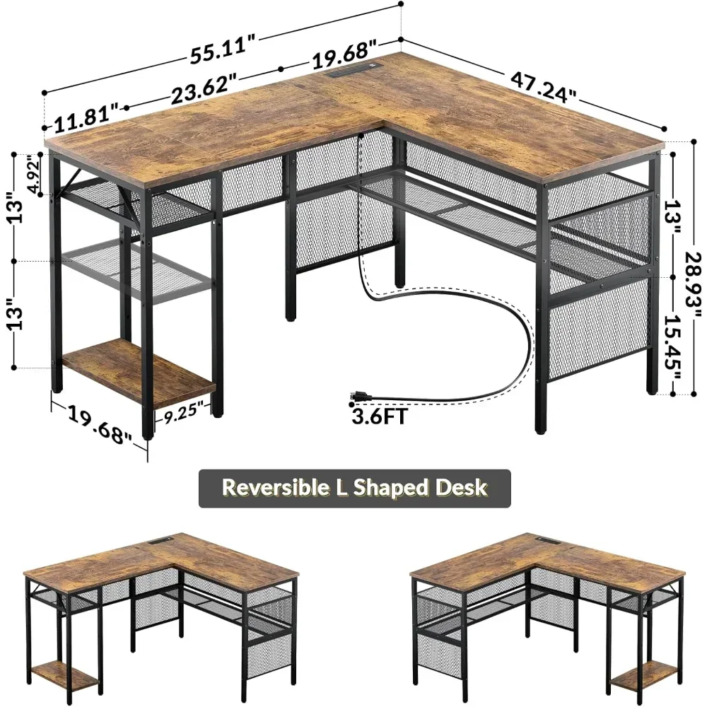2 Person Home Office Gaming Desk L Shaped Computer Desk With Magic Portable 4 Power Outlets and USB Charging Ports Table