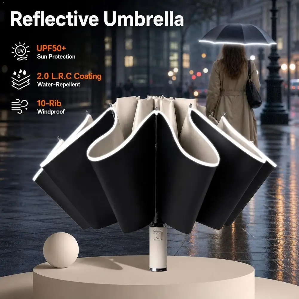 Folding Umbrella UPF50+ Sun Protection Water‑Repellent Windproof Safety Travel Umbrella With Reflective For Men Women