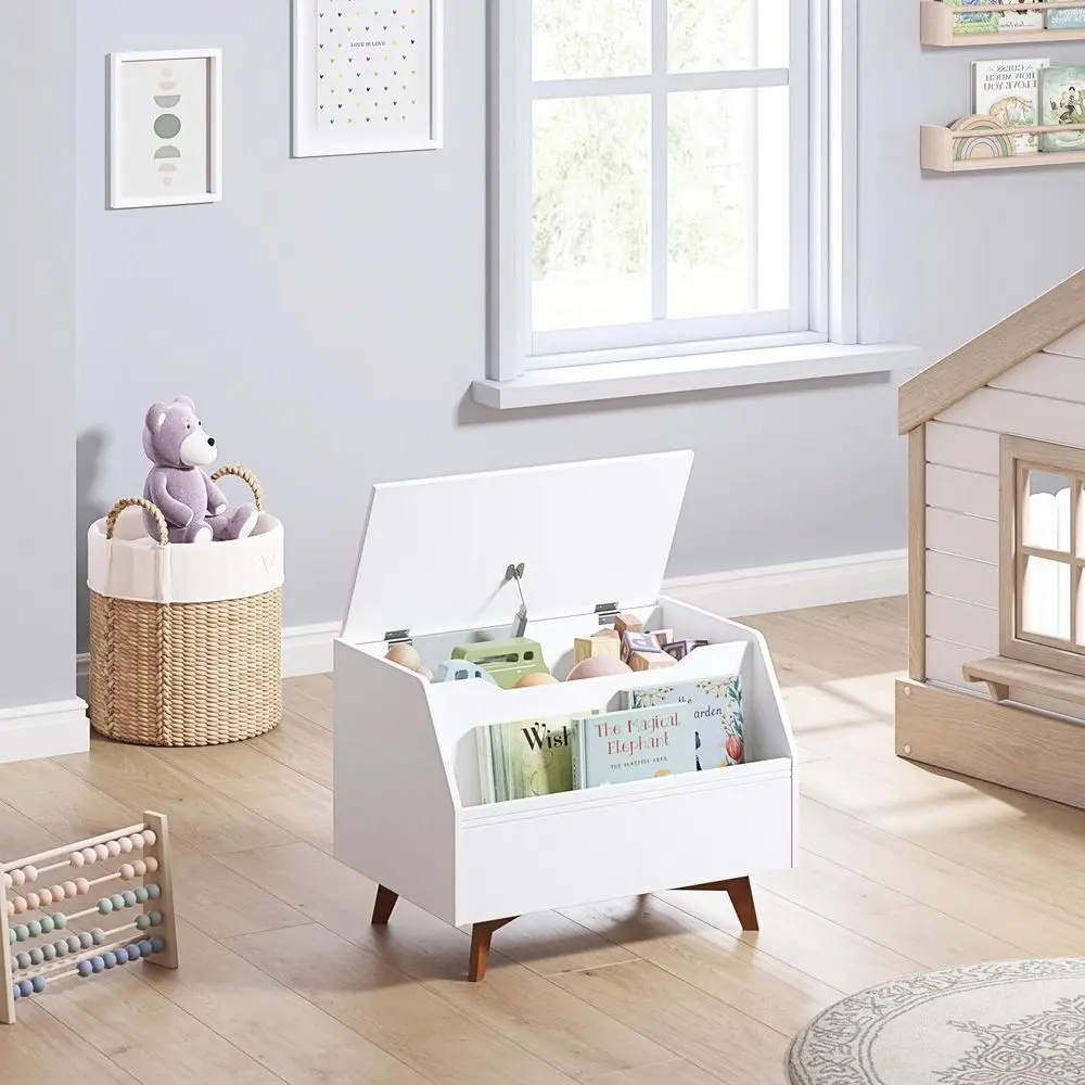 White Wooden Toy Chest with Front Book Holder, Kids Storage Bench Organizer for Boys & Girls