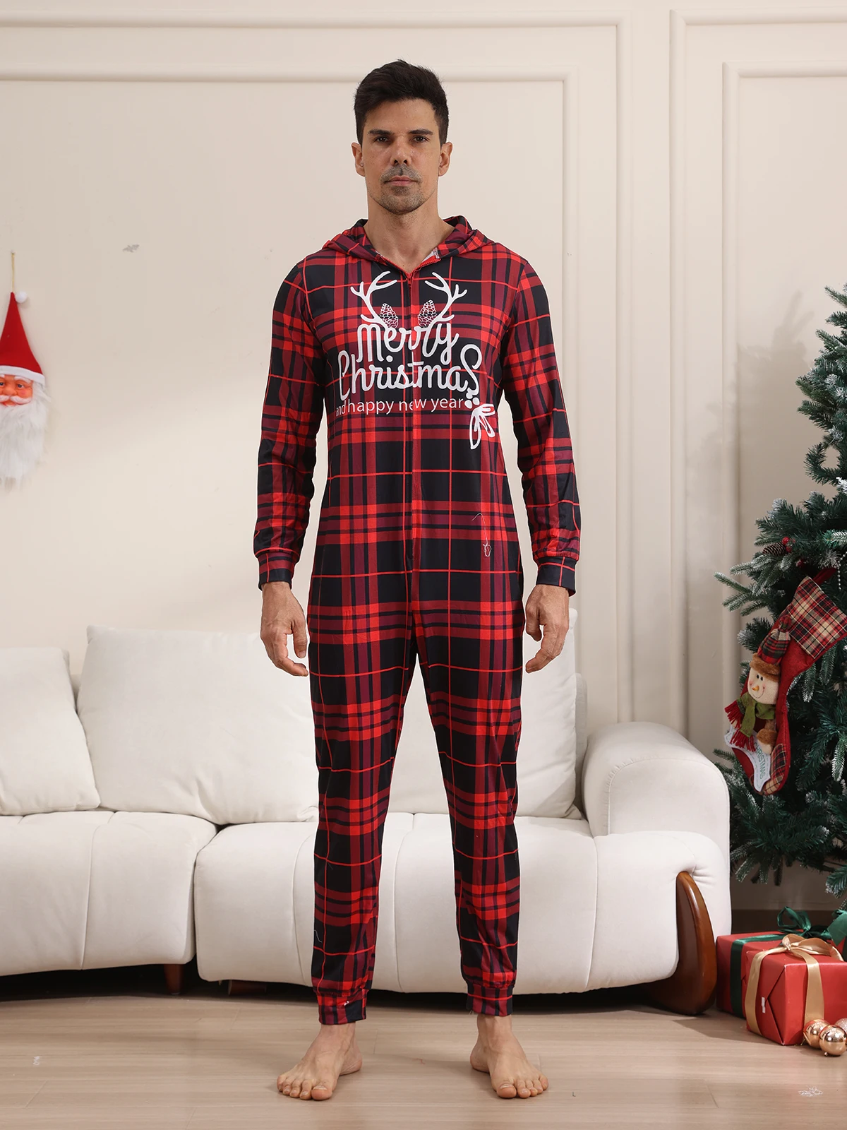 Merry Christmas Plaid Print Matching Outfit for Women Men Kids Cute Elk Ear Hooded Romper One-piece Suit Xmas Pyjamas Party Wear