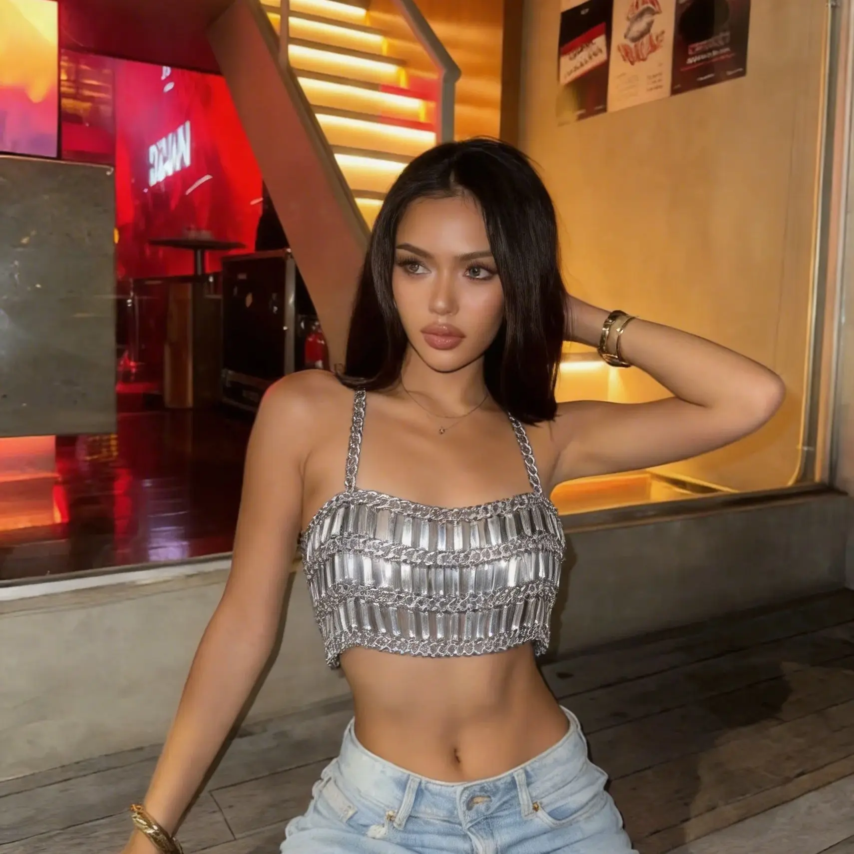 Glitter Gemstone Sequins Women Camisole Sexy See Through Hollow Out Backless Crop Top Rave Nightclub Party Tank Tops