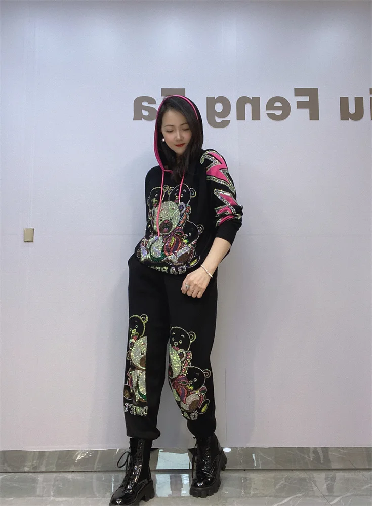 Sequins Cartoon Bear Knitted Hooded Pencil Pants Sets For Women Outfits Casual Oversize 2 Pieces Vestidos Bust 118cm Y2k