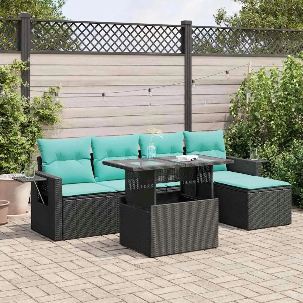 

Cozy 6 Piece Brown Poly Rattan Patio Sofa Set with Cushions Acacia Wood Frame