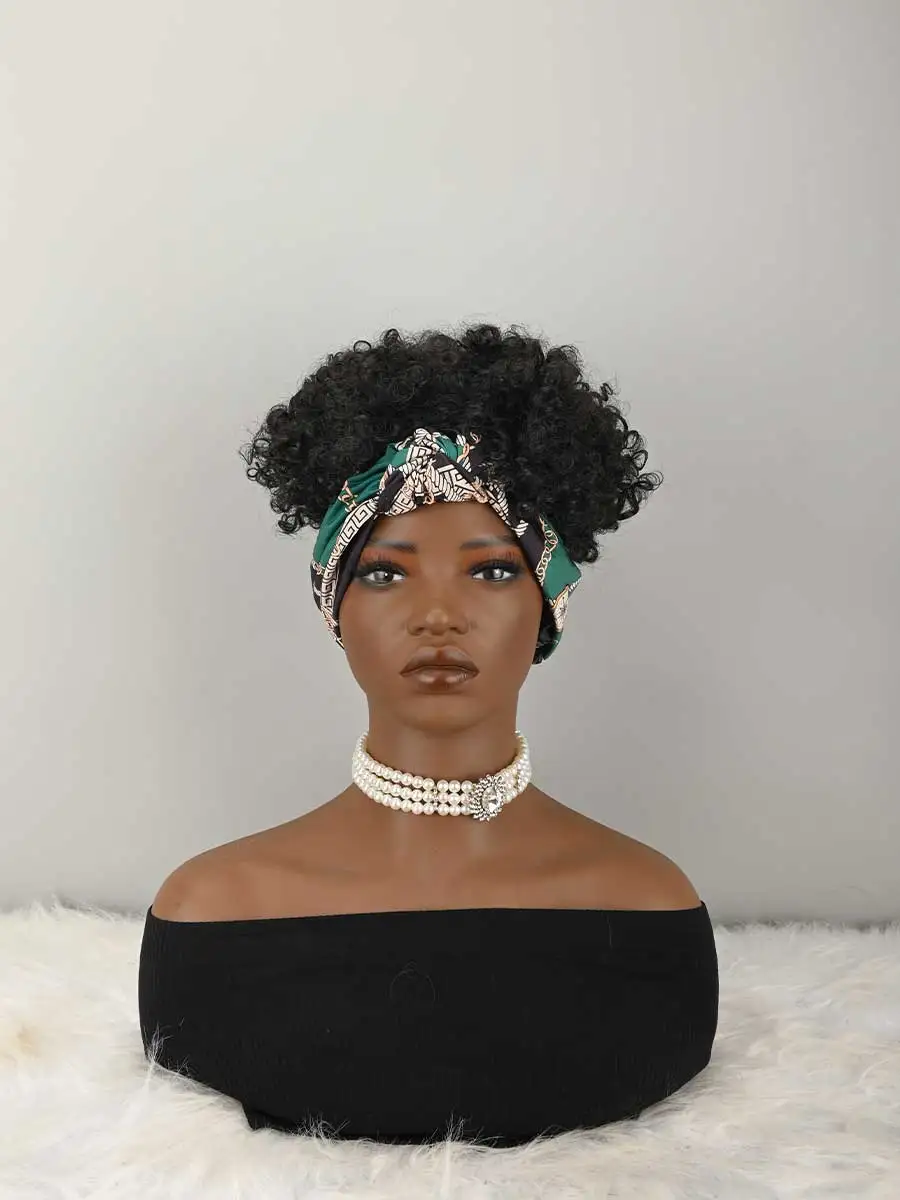 Headband Wig Curly Headband Wig With Bangs For Women Synthetic Afro Curly Hair Wig With Headband Attached Short Kinky Curly Afro High Puff With Bangs Stripes Short Red Curly Wigs with Bangs for Women, Natural Wavy Synthetic Wig, Fluffy Pixie Cut