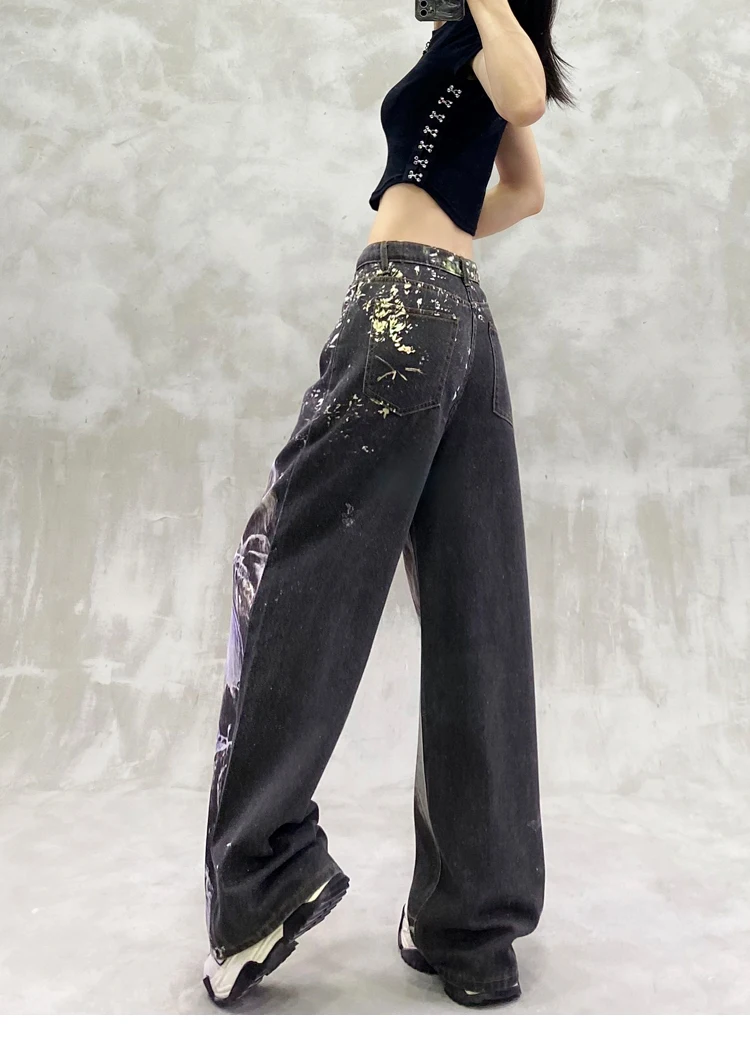 2025 Summer New Color Block Printed Design Washed Casual Jeans High Waist Loose Slimming Versatile Straight Wide Leg Pants