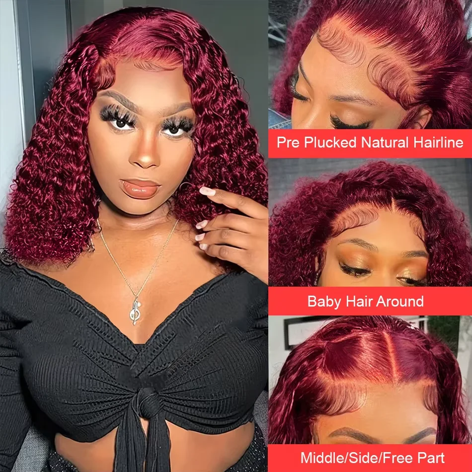 13x4 Bob Wigs 99J Burgundy 16Inch Water Wave Lace Front Curly Wig Brazilian Transparent Lace Human Hair Short Wigs for Woman