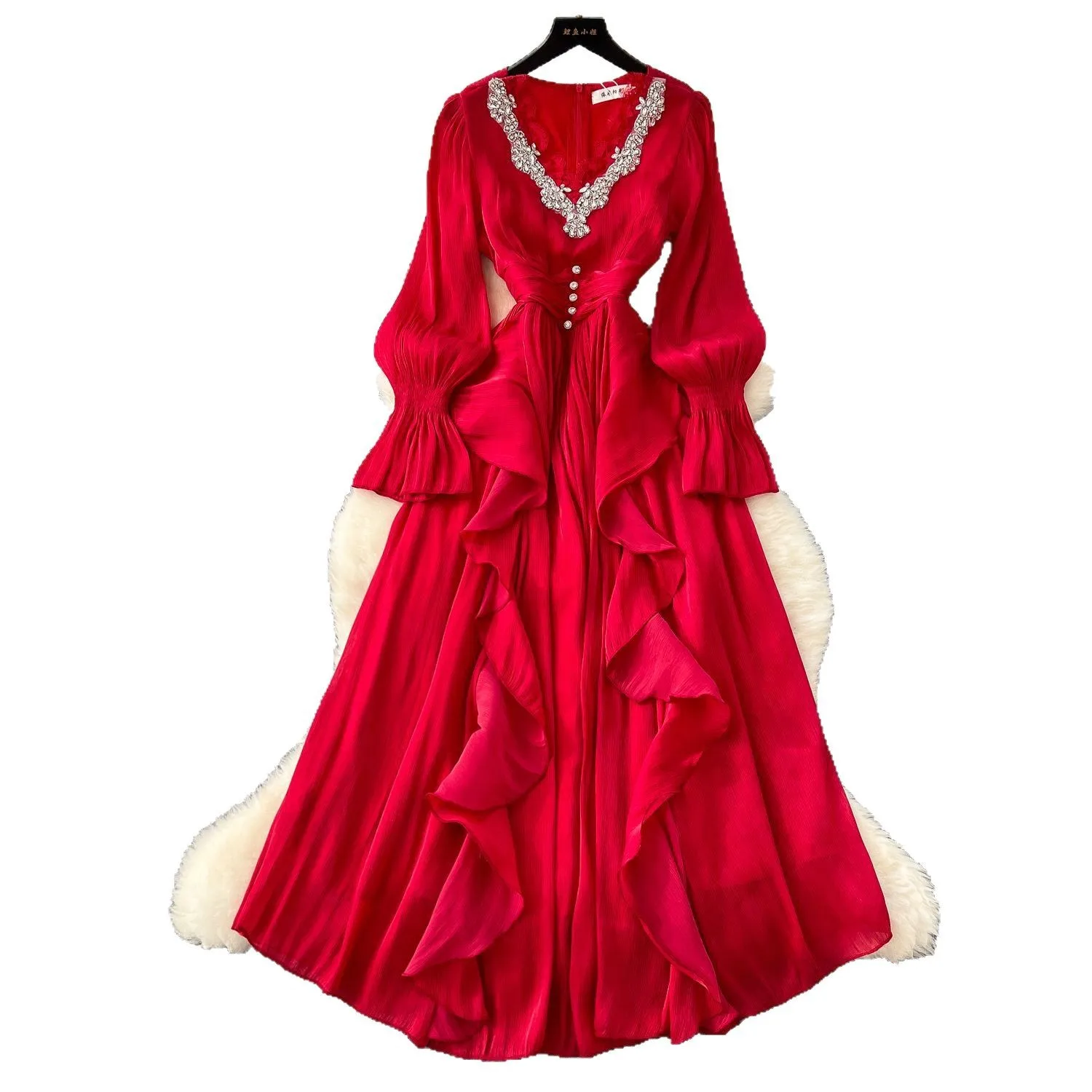 Rench موضة جديدة عالية الجودة المرأة طويلة الأكمام الخامس الرقبة أنيقة الماس رصع فساتين قصر نمط فساتين الملابس النسائية