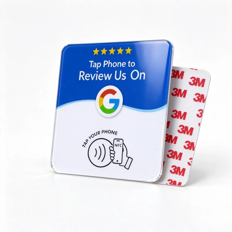 NTAG215 Acrylic Google Review NFC Sign 13.56MHz Tap To Review 1.8mm 3M Adhesive Dynamic QR Code
