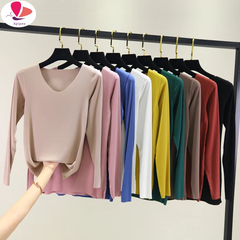 Modal Long-Sleeved T Shirt Women Autumn Winter Thin Slim-Fit Seamless V-neck Inner Base Shirt Thin Knitted Top T-shirts Tees