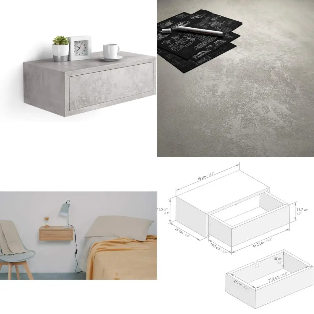 Mesita de noche moderna estilo hormigón gris, 17,7" x 9,8" x 6,1", acabado en melamina