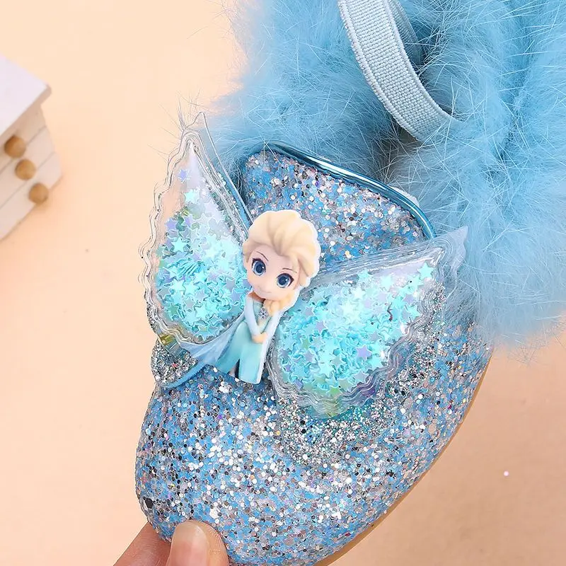 Disney Girls\' Shoes Plush Winter Casual Shoes Sequins Elsa Princess Shoes girls\' Cotton Shoes Soft Soles Flats Pink Blue Shoes