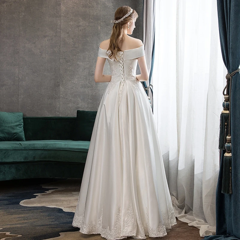 Customized Elegant Satin Boat neck Off The Shoulder Simple A-Line Wedding Dresses For Woman 2024 Bridal Gowns vestidos de novia