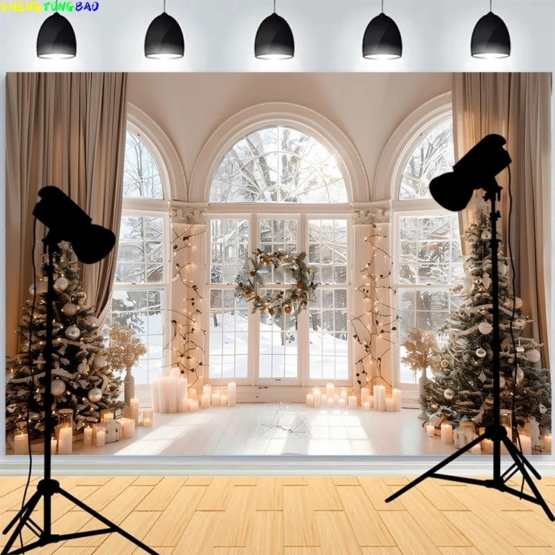 

Christmas Day Fireplace Photography Backdrops Large Window Living Room Wreach Xmas Tree Fireplace New Year Background XH-32