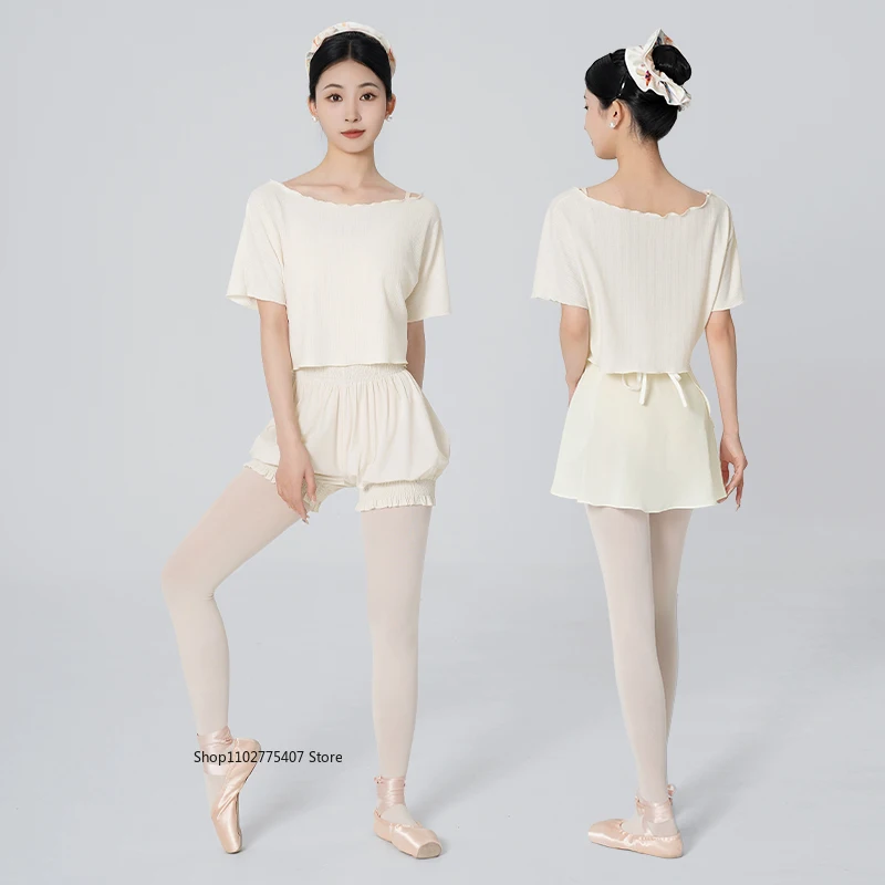 

Женский укороченный топ для танцев, футболка с открытыми плечами и короткими рукавами, одежда для балета, летняя гимнастическая одежда для девочек