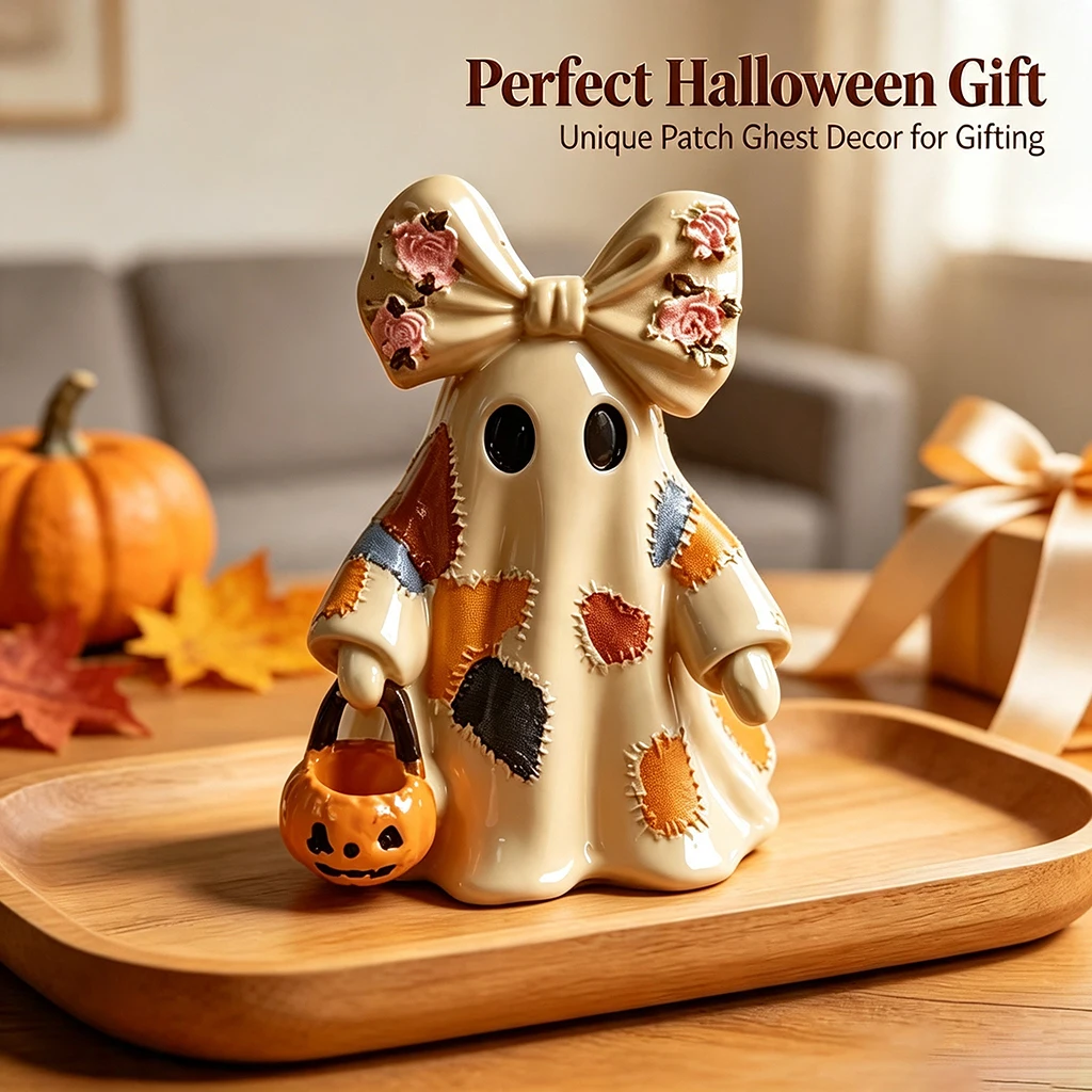Halloween Ghost Figurine Resin Decoration Cute Patchwork Ghost Statue with Pumpkin Basket Home Decor Party Ornament Gift