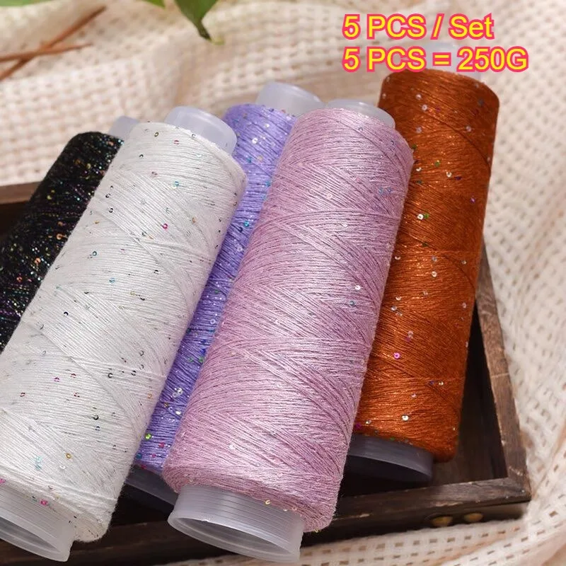 5PCS 250g Summer Yarn Sequins Yarn For Fashion Baby Soft Sweater Shawl Doll Hat Bag Hand Woven Needlework Yarns Mercerized Yarn