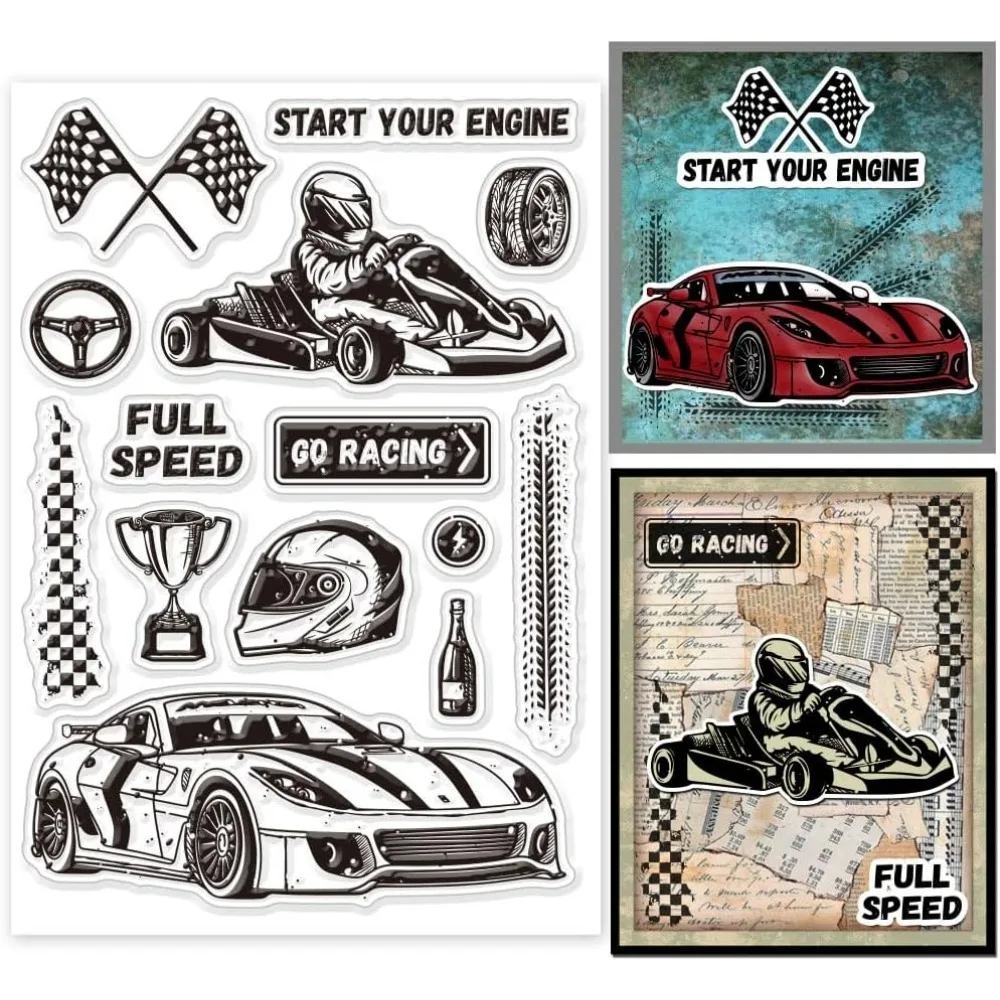 Racing Car Kart Clear Stamps Racing Car Trophy Rubber Clear Stamps Tire Trace Clear Stamps for DIY Scrapbooking Photo