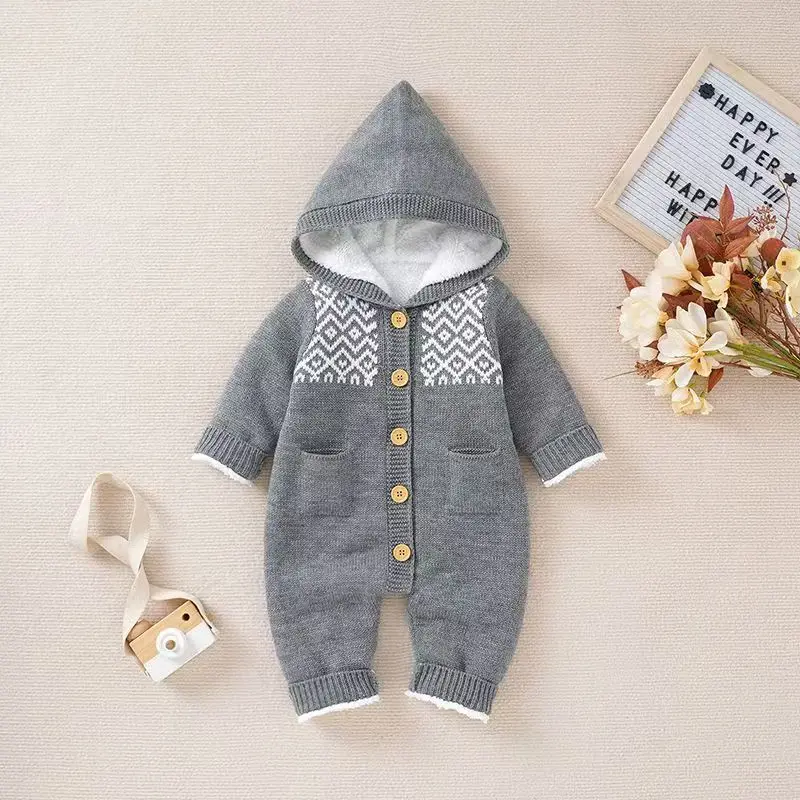 

Spring Cartoon Cute Pocket Long Sleeve Baby Romper Hooded Fashion Button Newborn Baby Clothes Thickening Street Wear Tops