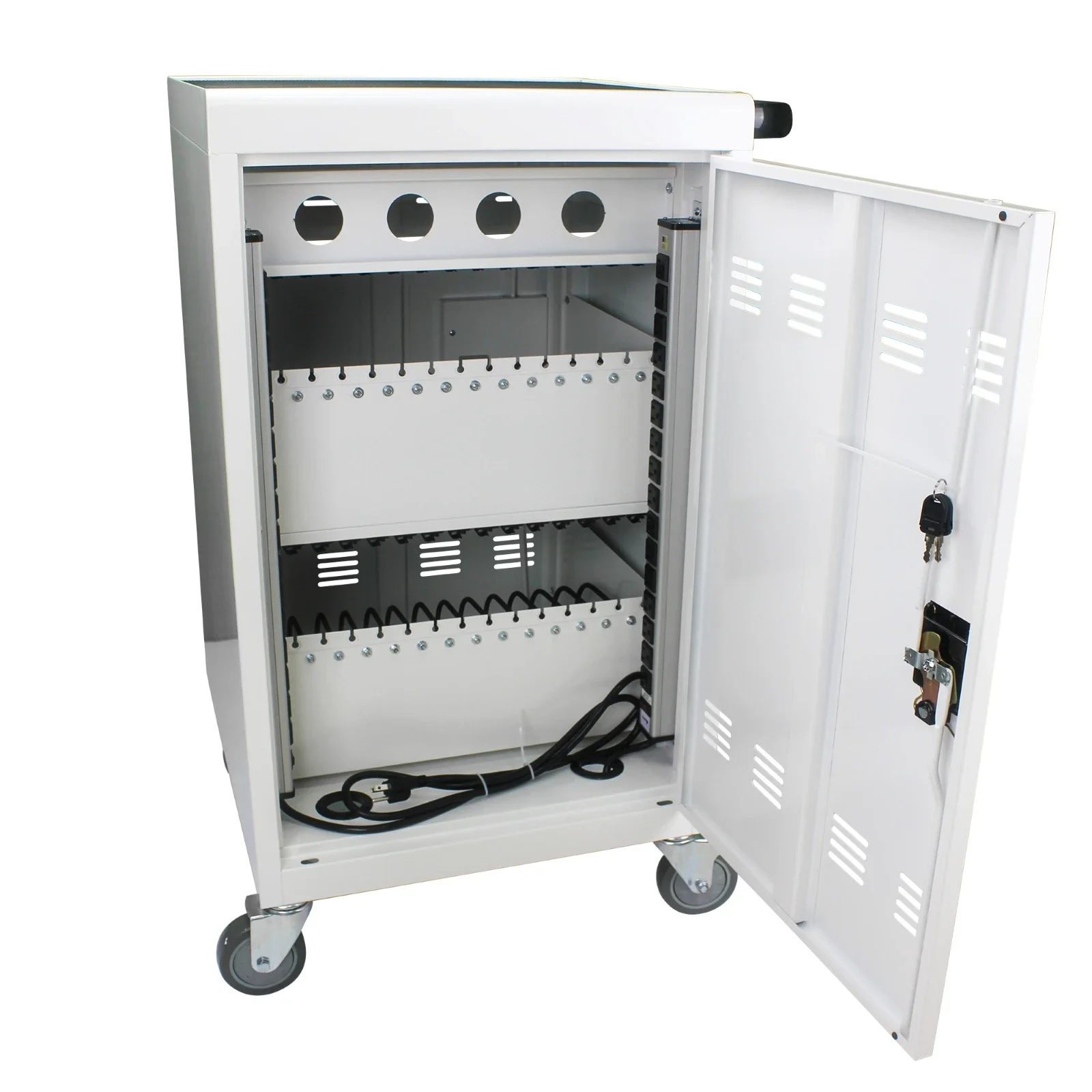 Mobile charging trolley and charging cabinet (for 30 tablets and laptops) with combination lock for schools, offices, white