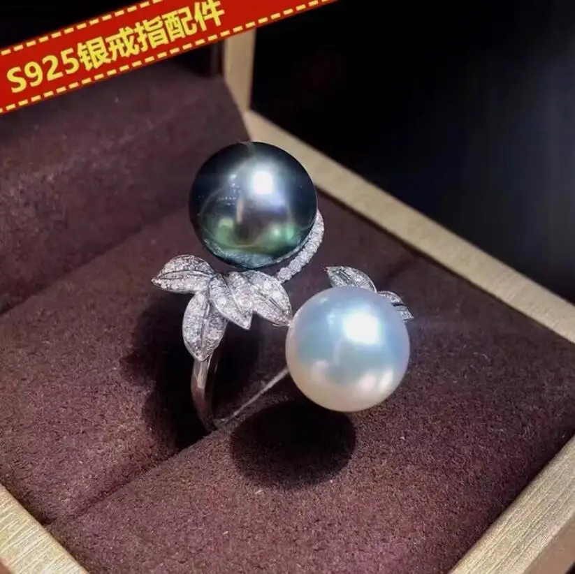 gorgeous 9-10mm south sea round white black green pearl ring 925s