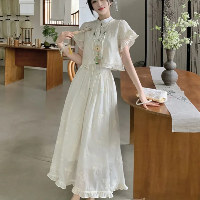 Sweet Lace Short Sleeve Top Half Skirt Set Women's Summer 2023 Fashion Skirt Suit Women's Traditional Chinese Clothing