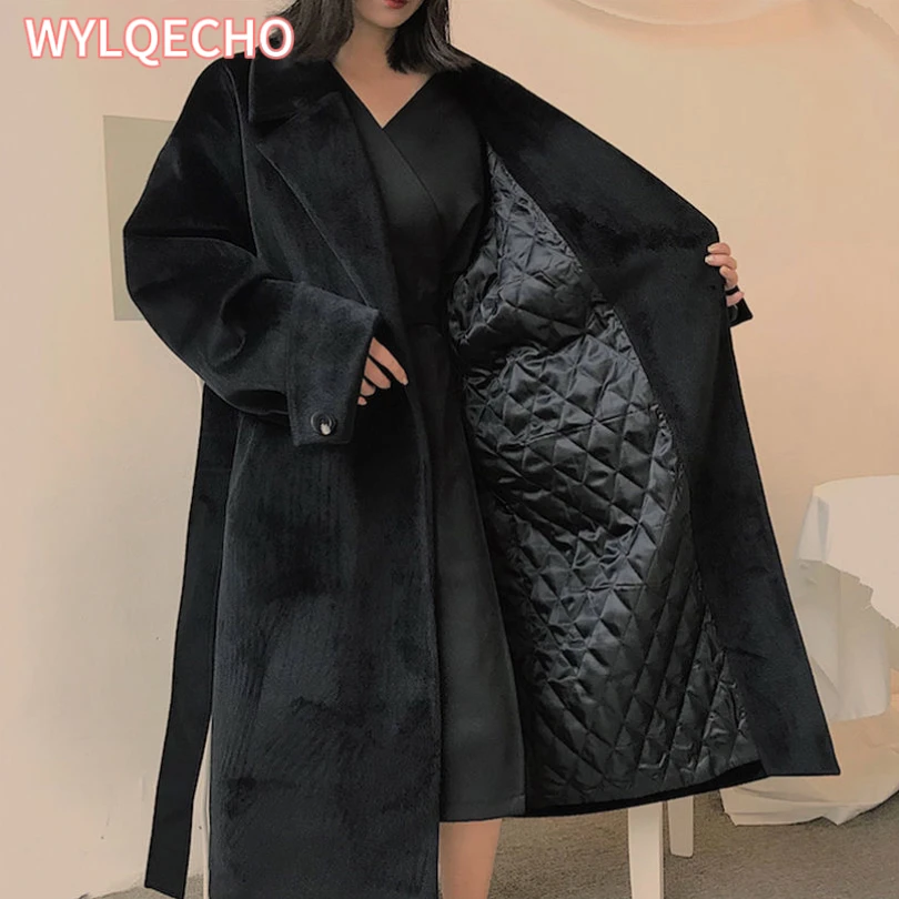 Winter Long Oversized Woolen Coat for Women Lapel Loose Padded Plush Imitation Mink Coat Stylish Black Women Clothes Streetwear