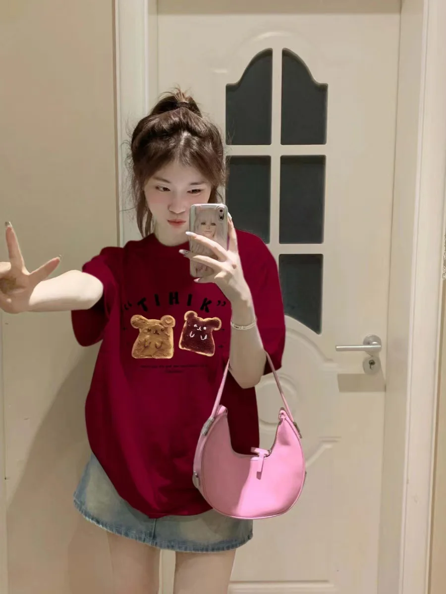 Red Oversize Casual Short Sleeve T-Shirt Women's Spring Summer New Year Atmosphere Sensation Loose Fit round Neck Cotton Top
