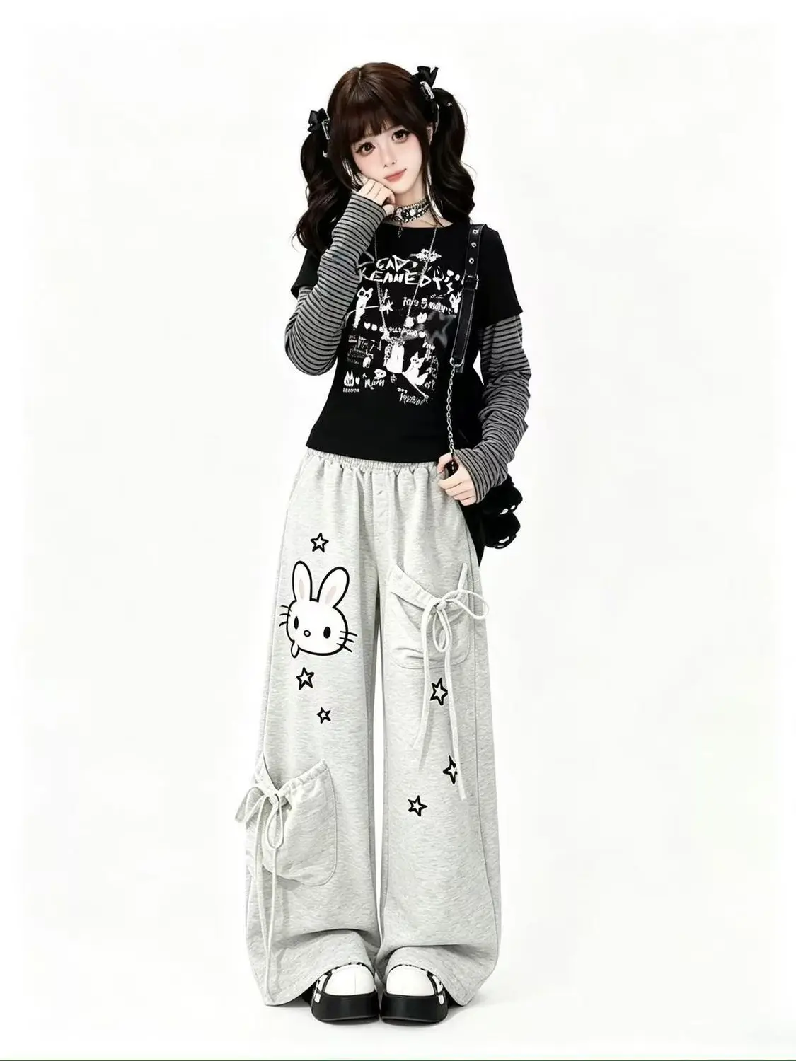 Preppy Kawaii Women Wide Leg Pants Cartoon Rabbit Star Print Bow Big Pockets Elastic High Waist Loose Casual Streetwear Trousers