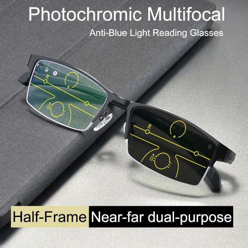 2025 Übergang Photochrome Multifokale Lesebrille Herren Smart Progressive Anti Blue Ray Halbrahmen Hyperopiebrille
