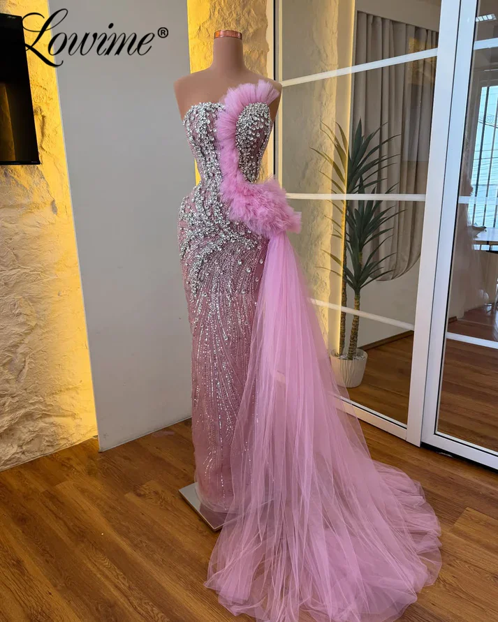 

Pink Party Dress Sparkle Silver Crystals Side Train Ruffles Straight Prom Dress Customized Sweetheart Floor Length Evening Gowns