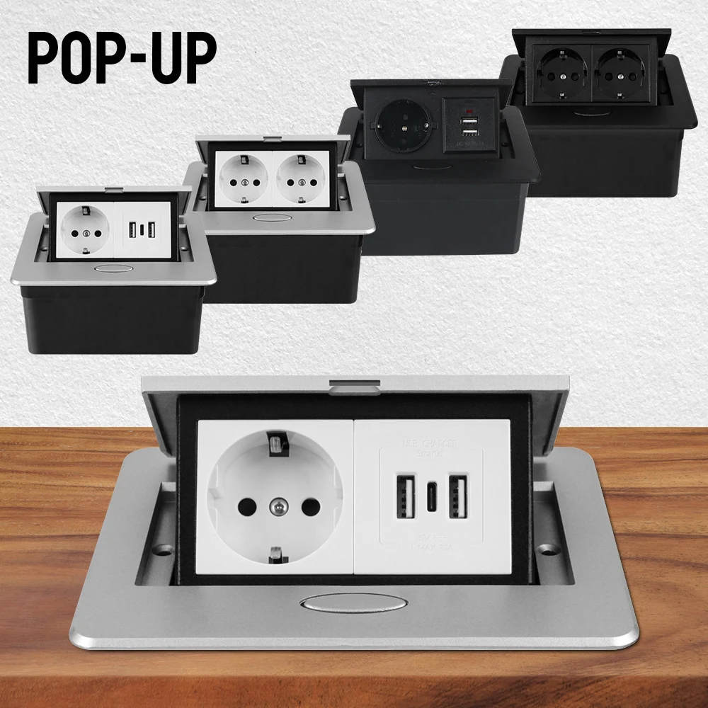 Hidden EU USB Type-C Metal Panel For Meeting Room Office Kitchen Desktop Socket Table Outlet Slow Pop-Up Black Silver