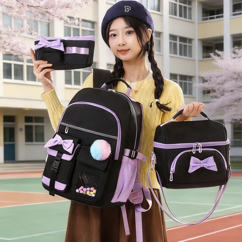 3pcs Elementary School Student Backpack Set Lunch Bag Kids Pencil Bag Middle High Bow School Bags For Girls Teenager Travel Book