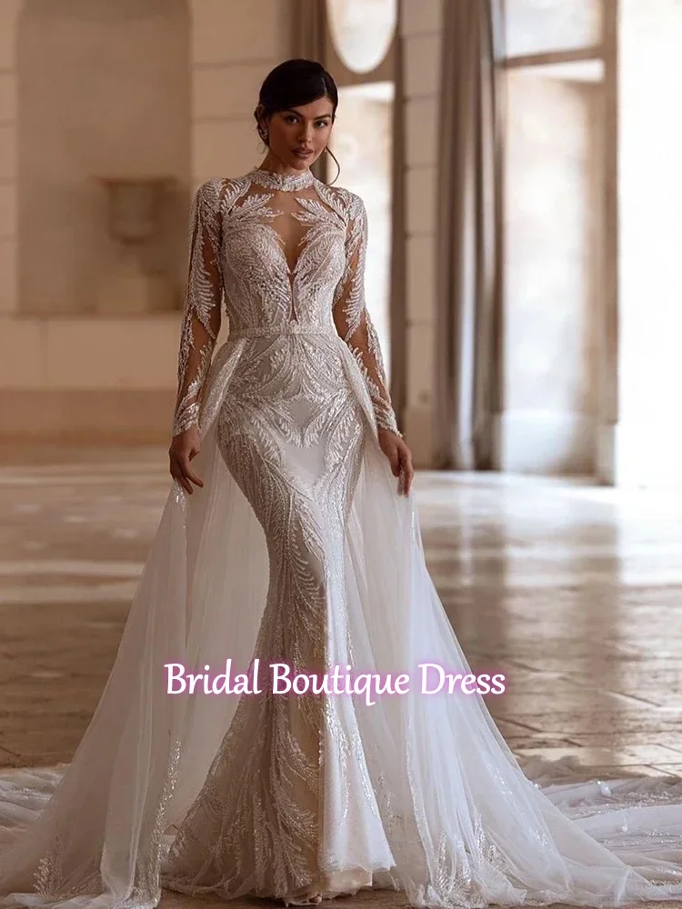 Maßgeschneidertes exquisites, vollständig perlenbesetztes, abnehmbares Meerjungfrau-2-in-1-Hochzeitskleid mit Ballkleid, Stehkragen und langen Ärmeln