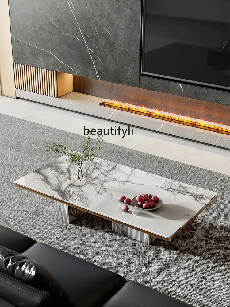 Pure natural marble coffee table living room modern light luxury designer  villa Italian imported luxury stone tea table