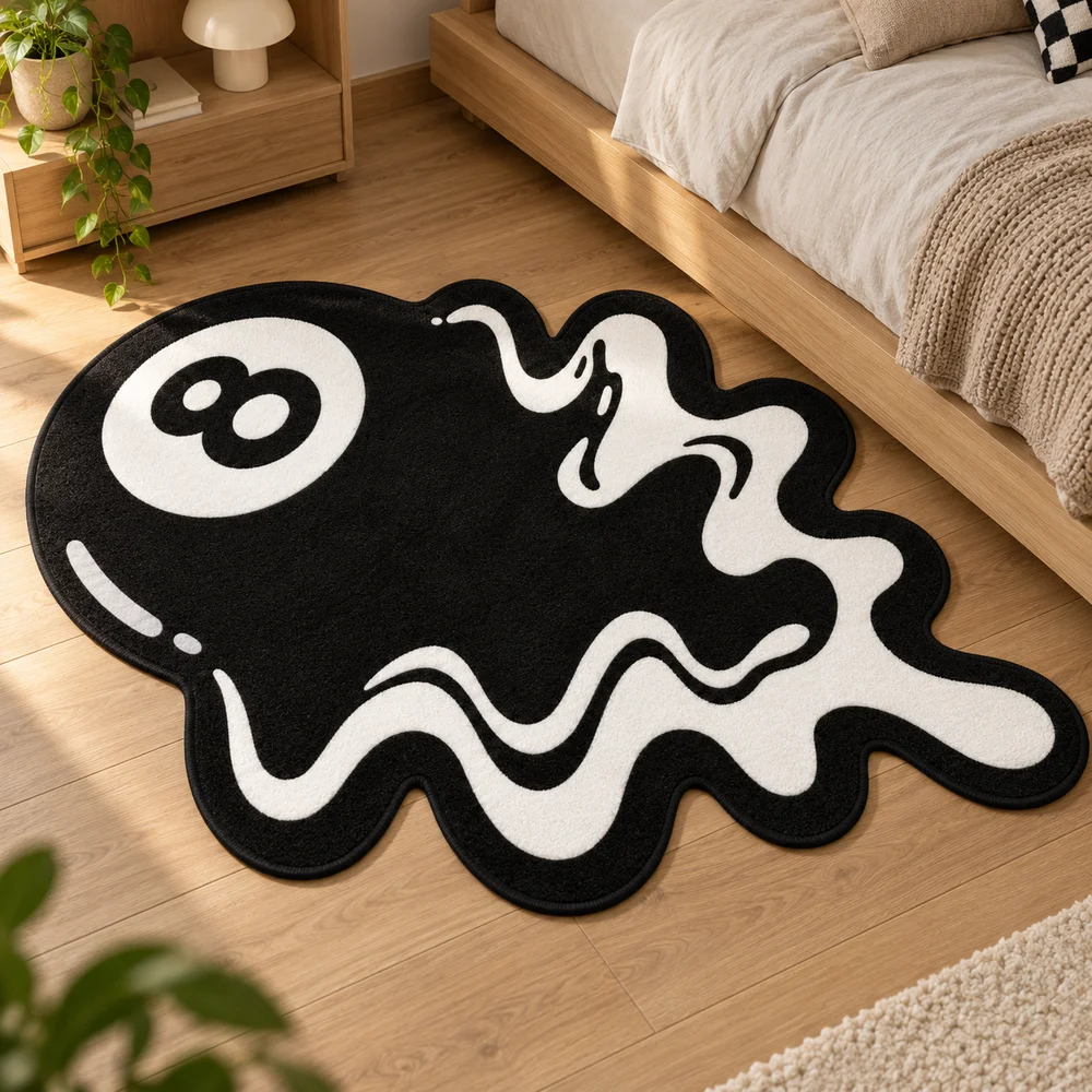 Cool Melting 8 Ball Shaped Rug, Black and White Billiard Floor Mat, Playful Irregular Decor for Bedroom, Living Room, Game Room
