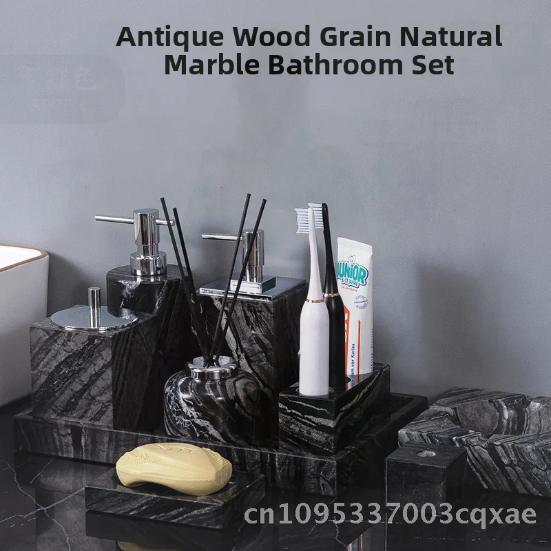 طقم حمام من الرخام الطبيعي - طقم غسيل مكون من أربع قطع مع رف فرشاة الأسنان وديكور الحمام الرخامي وغرفة نموذجية #6