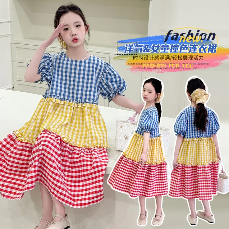 

New Girls Cotton Plaid Patchwork Dress for Korean Tweens Kids High Fashion Summer Clothes Outfit Child Long Style A-line Dresses