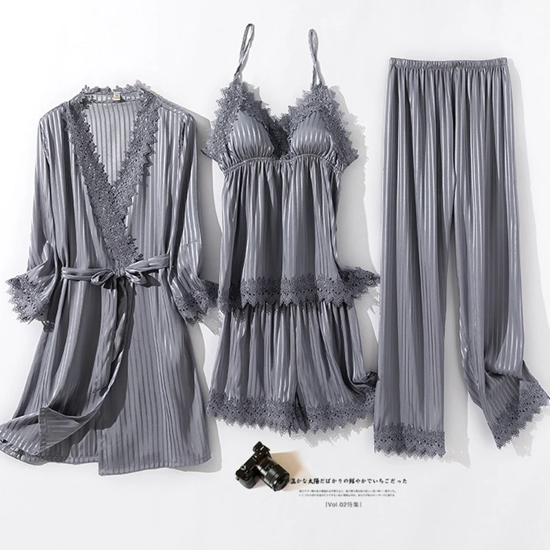 Sexy Stripe Lace Trim Sleepwear Pijamas Suit Spring Summer Satin Kimono Bathrobe Gown Women Four Piece Pajama Set Loose Homewear