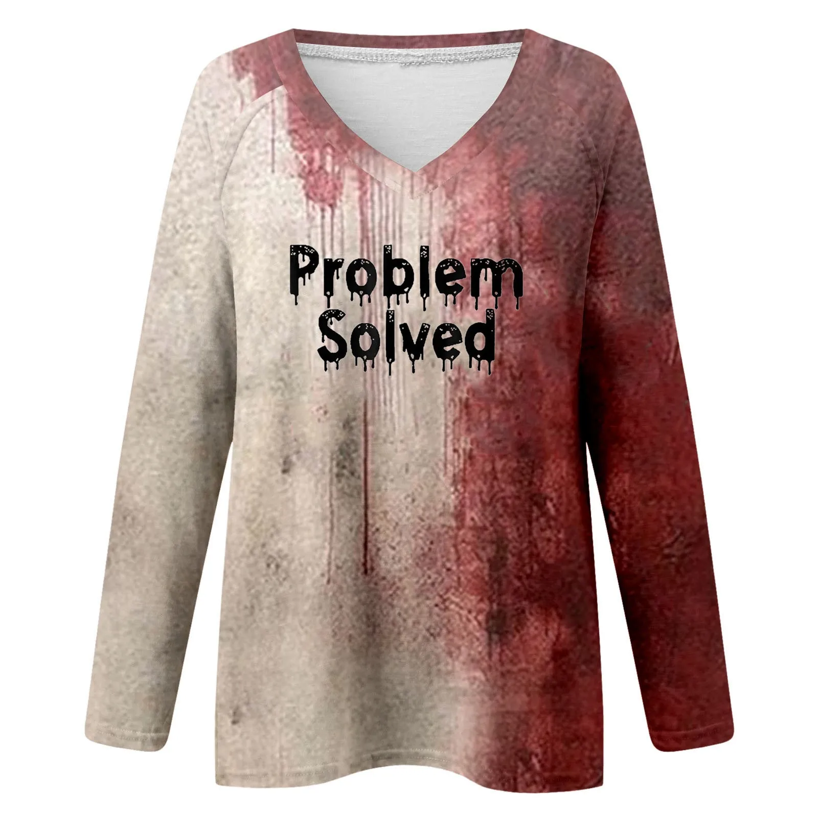 Blood Letter Print Women Long Sleeve T-Shirts Scary Bloody Stain Patchwork Loose Tees Top Halloween Party V Neck Horror Clothing