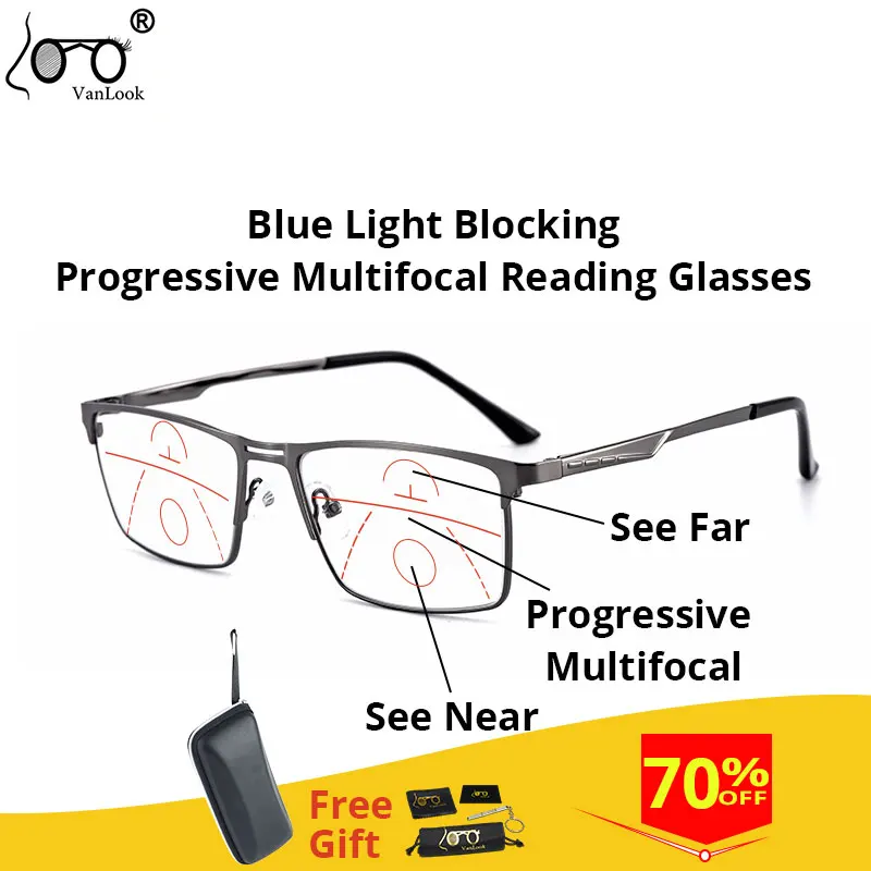 Men Progressive Reading Glasses Multifocal Women\'s Blue Light Blocking Computer Glasses Sport Square Frame Eyewear AntI Glare UV