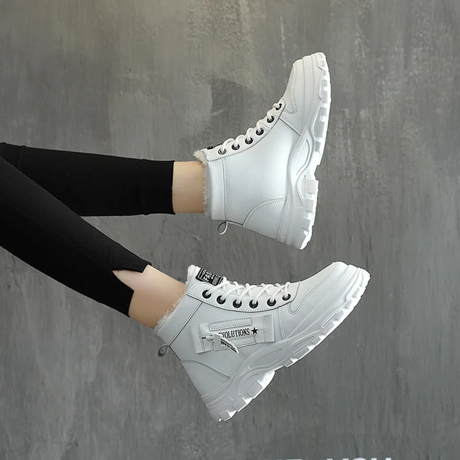 Women Sneakers winter shoes PU Leather trainers Woman Warm plush High Top sport shoes 2001