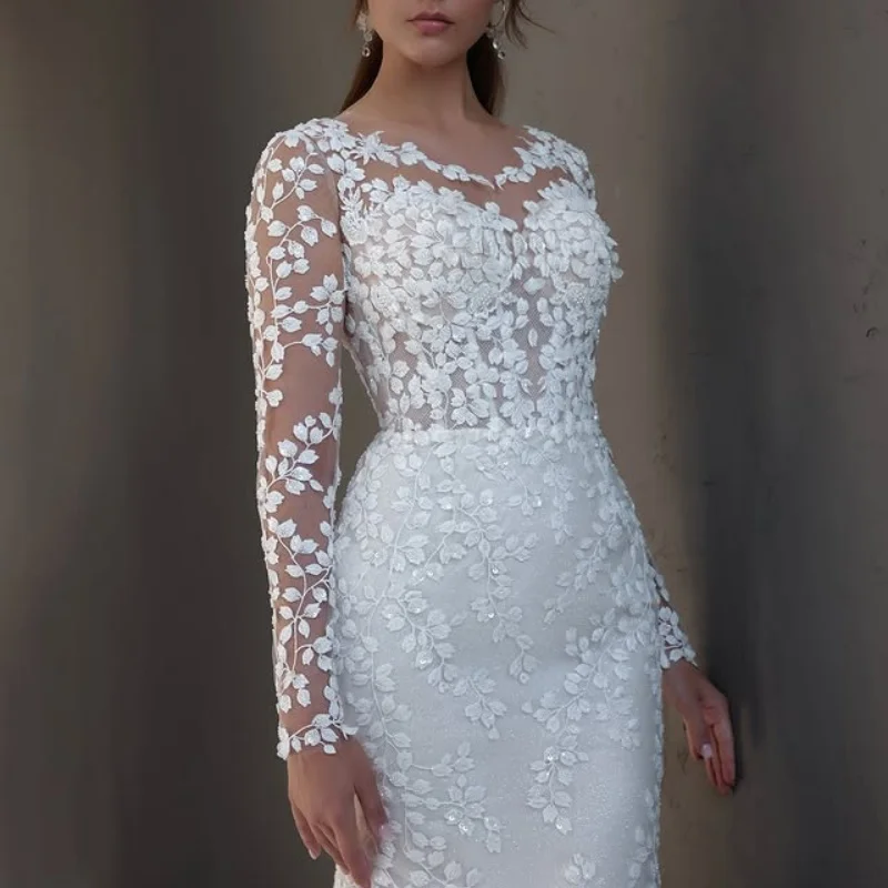 

Shiny ivory Appliques Wedding Dresses off-shoulder fishtail long sleeves Bridal detachable tail Gowns Made Customized