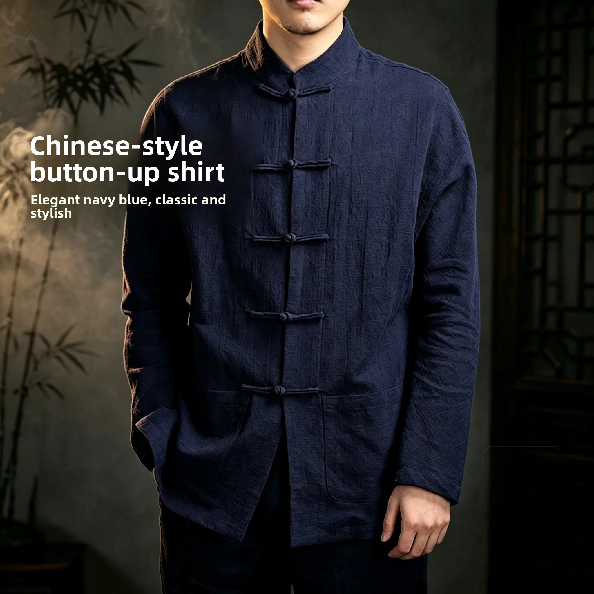 Retro Chinese Style Men's Long Sleeve Shirt Button up Stand Collar Tang Costume Spring Autumn New Arrival Standard Fit Polyes...