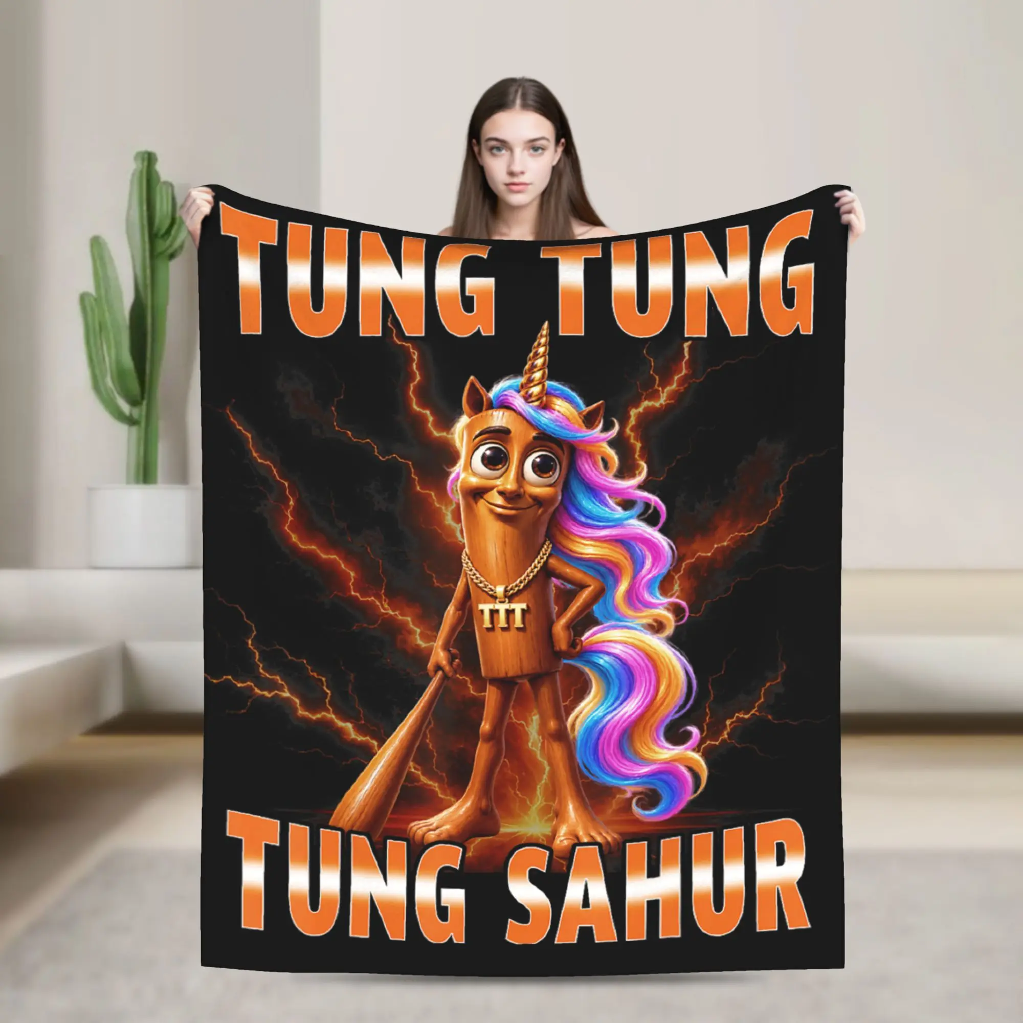 Funny Tung Tung Sahur Unicorn Rainbow Hair Lightning Blanket Adults Flannel Throw Blanket For Home Decor Cozy Quality Bedspread