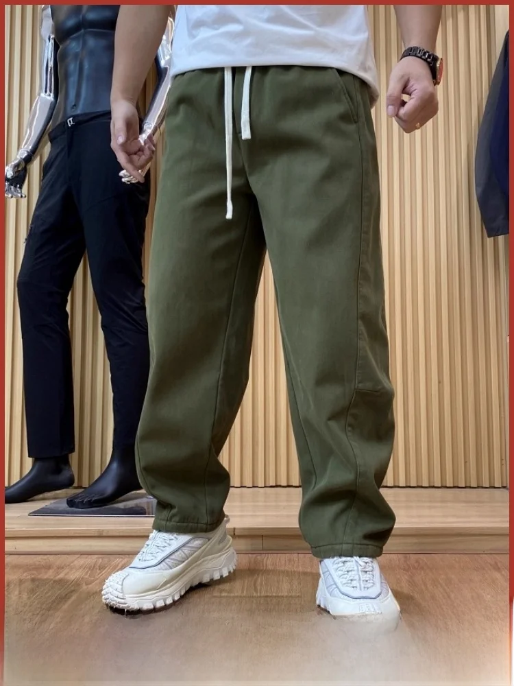 

Мужские зимние брюки с широкими штанинами на подкладке, прямые повседневные брюки, теплые свободные брюки с хлопковой талией для отдыха