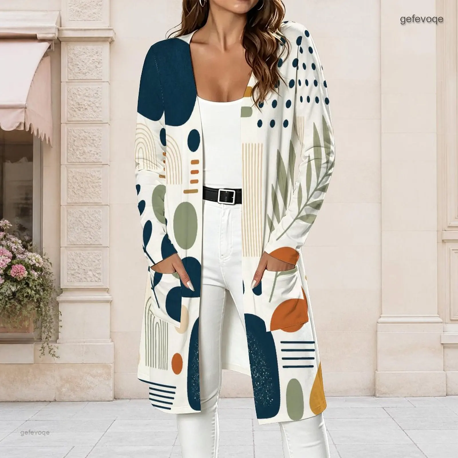 Women Abstract Leaf Polka Dot Printed Long Sleeve Open Front Longline Cardigan with Pockets