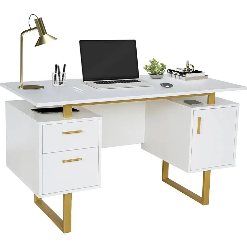 

Techni Mobili Storage Drawers and Cabinet 51.25” W-Modern Office Large Floating Desktop Surface Desk, White/Gold