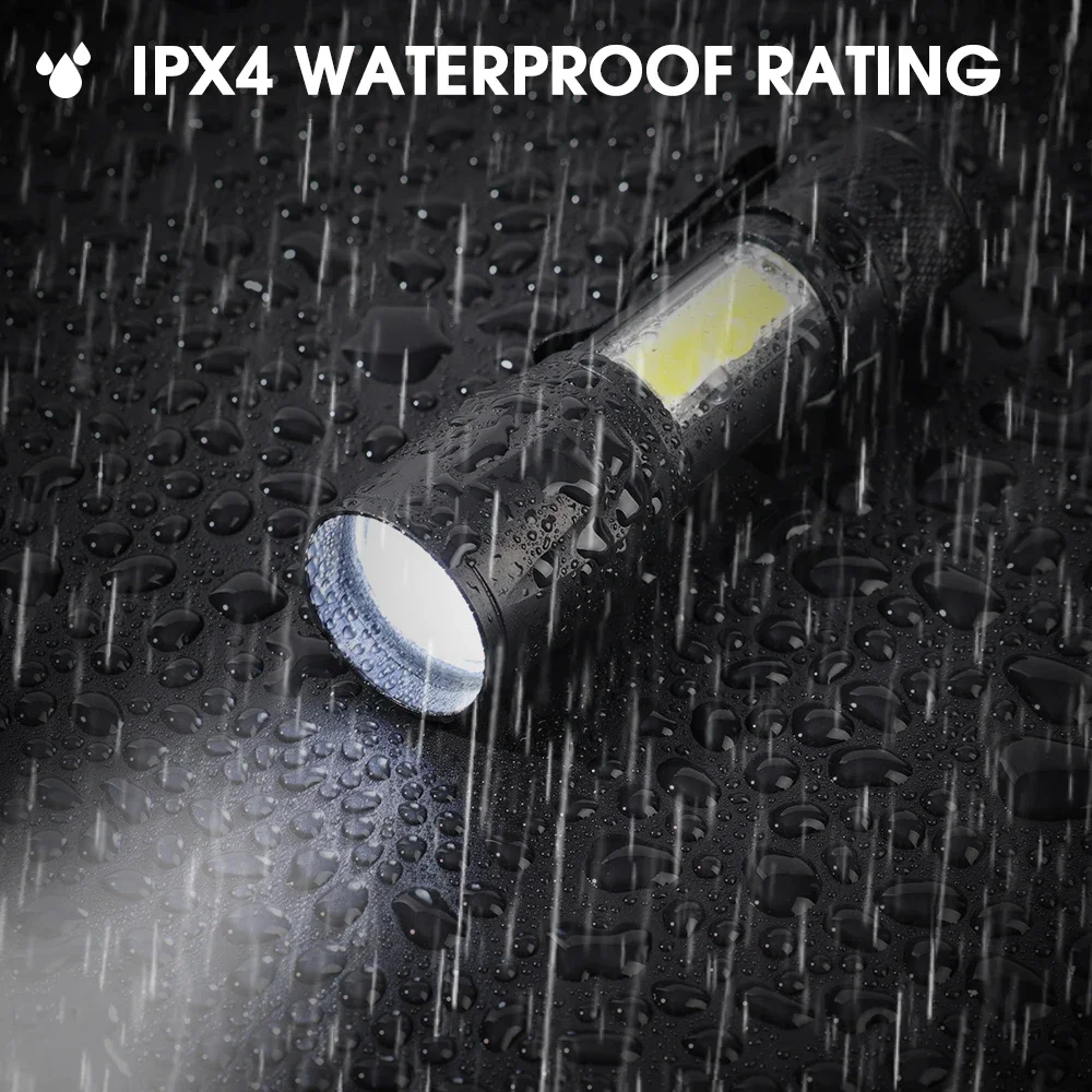 Portable Rechargeable Zoom LED Flashlight Tactical Waterproof Side Lights 3Lighting Modes Outdoor Camping Light Mini Flashlight