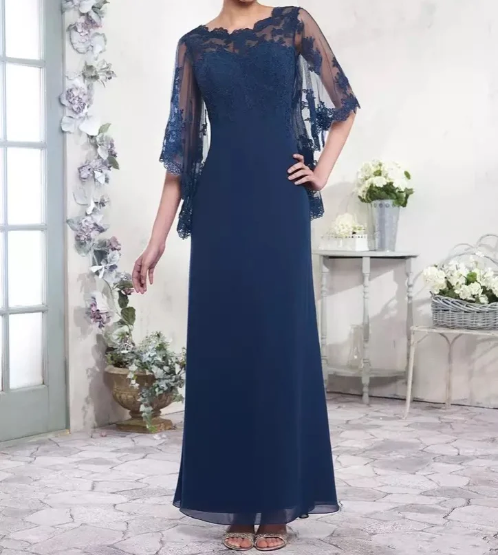 Azul marinho mãe do vestido de noiva o pescoço chiffon a linha do cabo meia manga rendas apliques casamento formal noite mãe vestidos novo