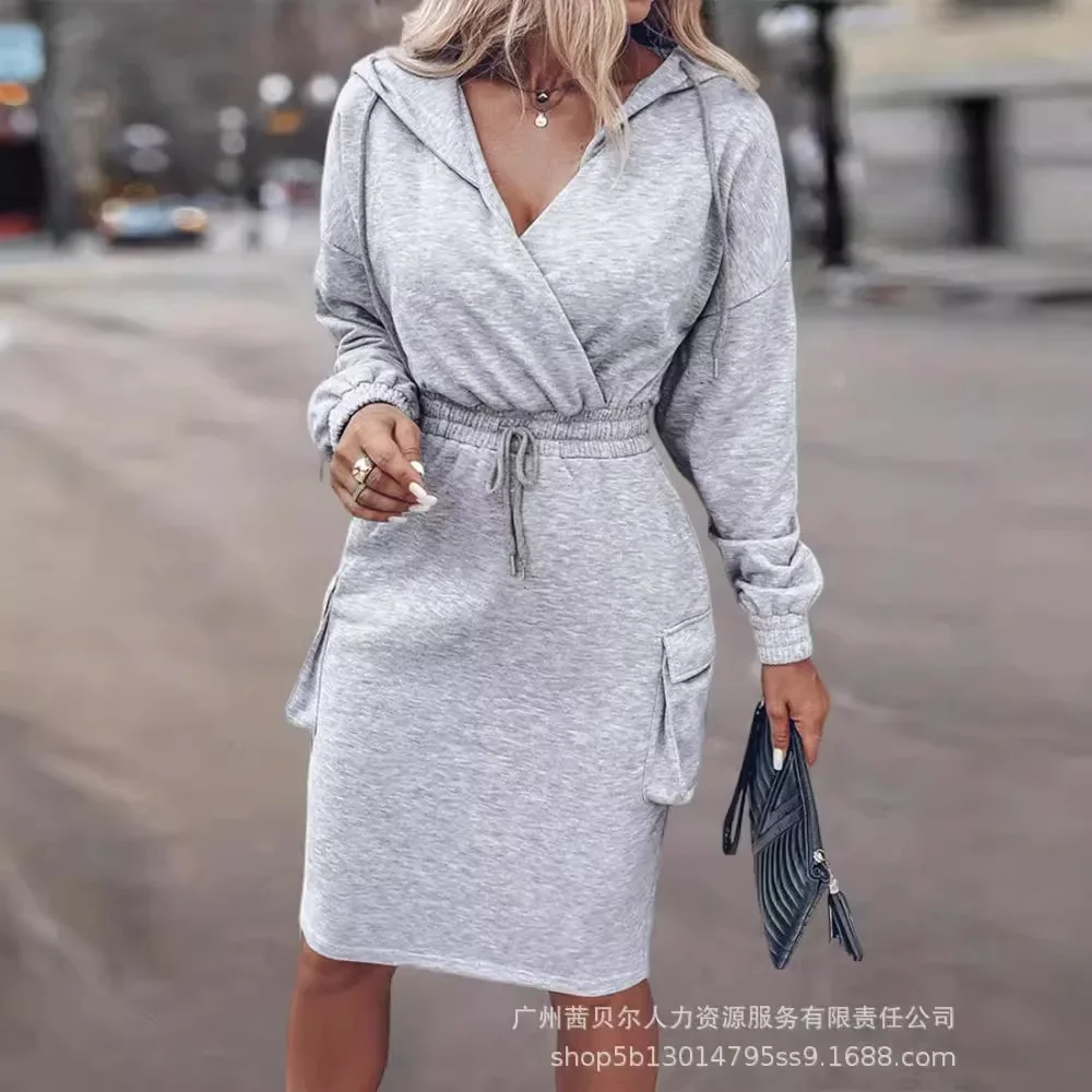 Long Sleeve Bodycon Mini Dress Waist Pocket Sweatshirt Dress Women Summer Sweatshirt Hooded Slim Fits Sheath Dress